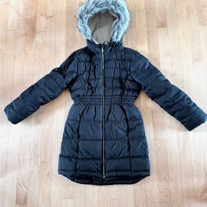 Kids Black Puffer Coat with Faux Fur Hood
